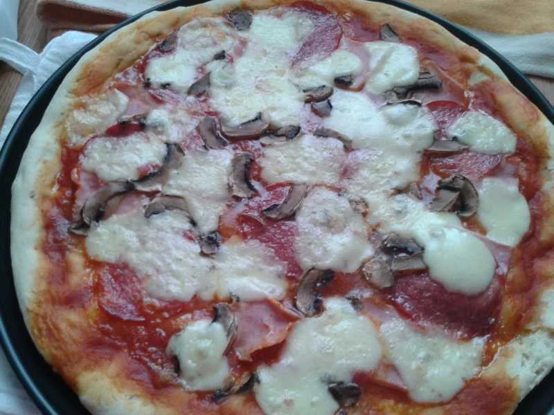 Pizza with ham, salami, and mushrooms
