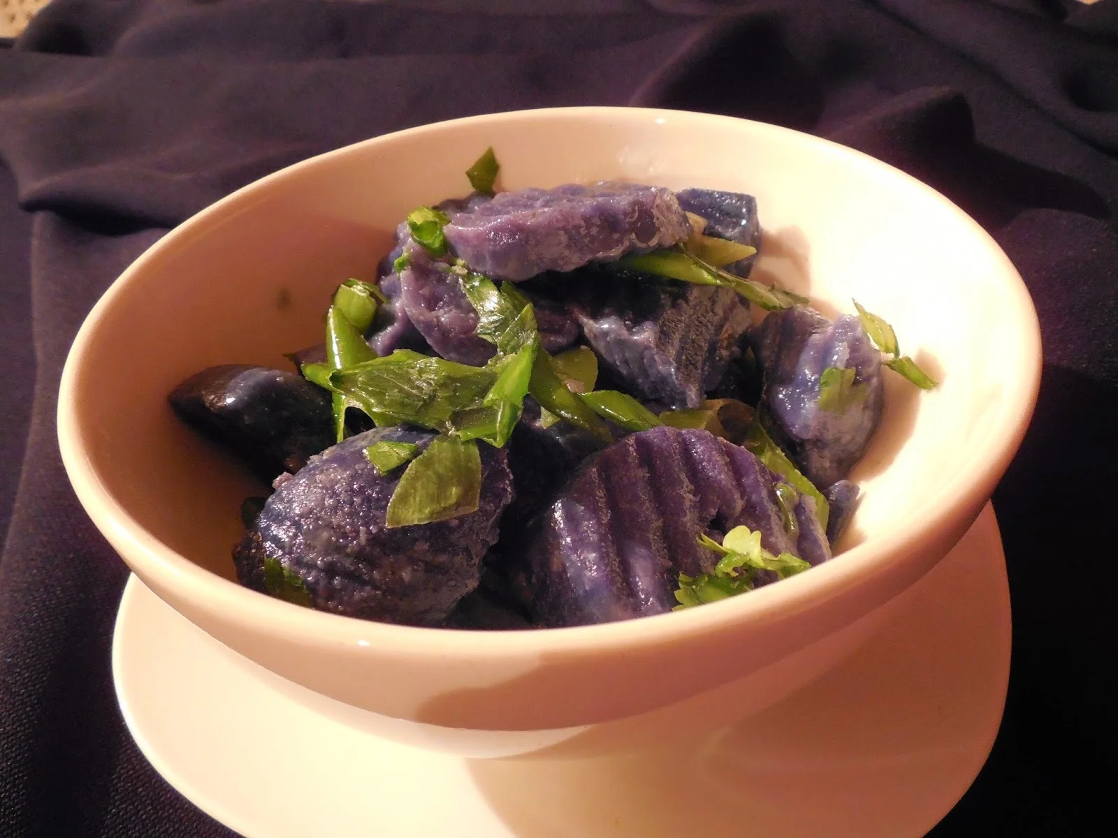 Purple potato salad with green onions