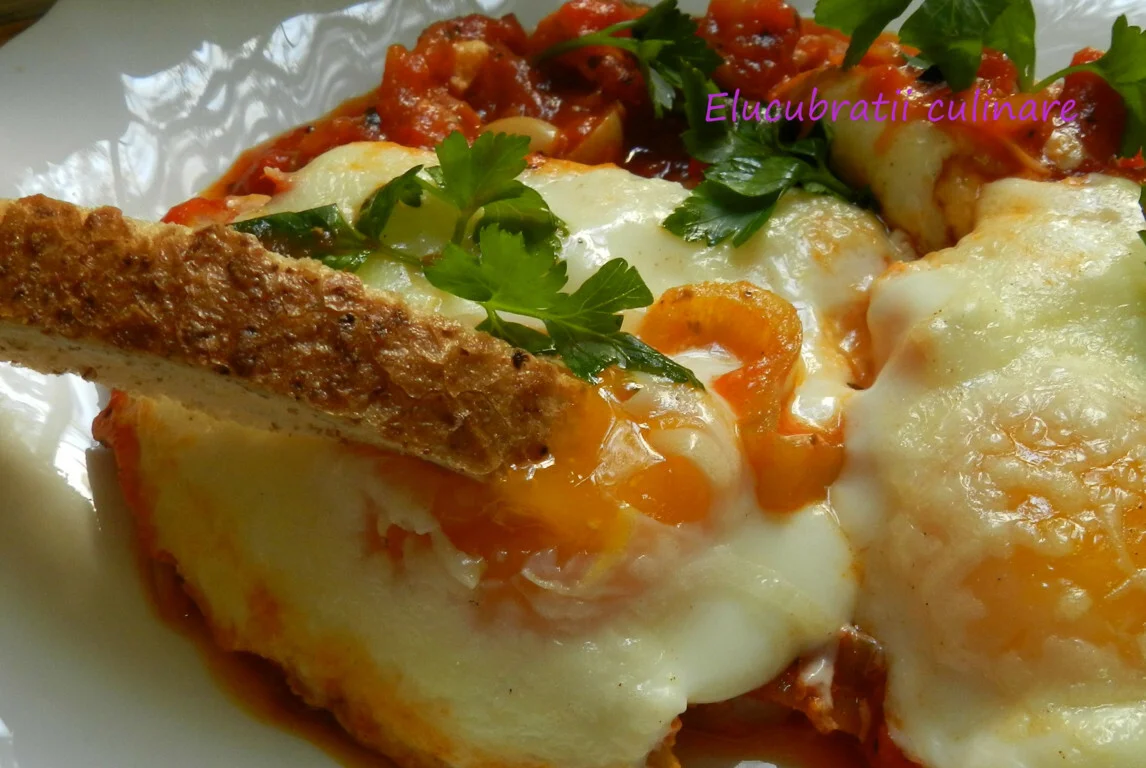 Baked eggs in tomato sauce with vegetables and ricotta