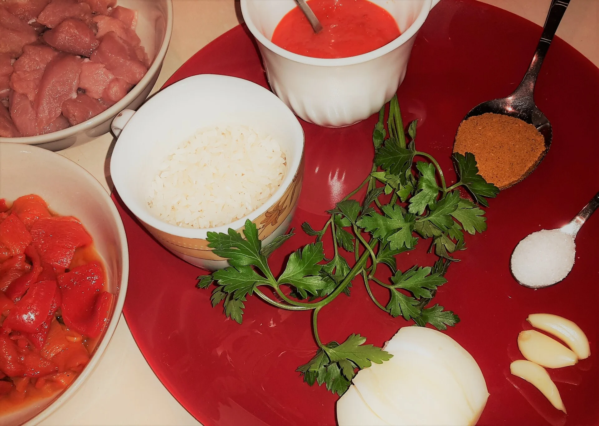 Meat cubes on rice salad