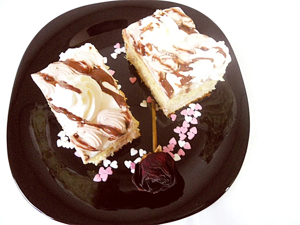 Sponge cake with whipped cream, chocolate sorbet, and mascarpone