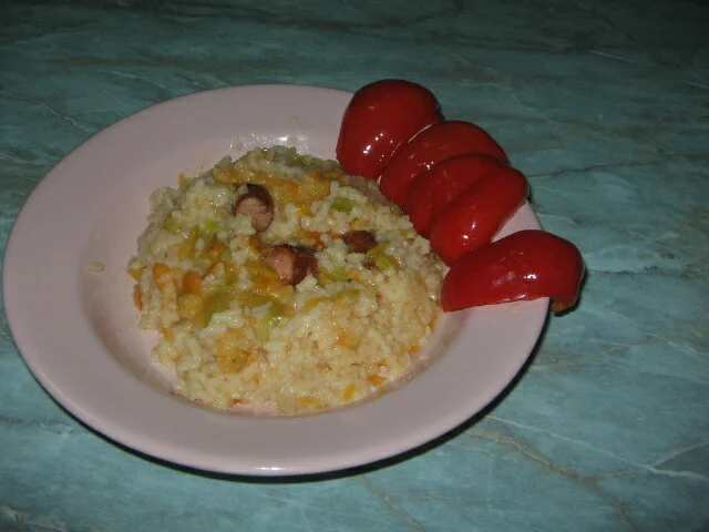 Oven-baked pilaf with sausages