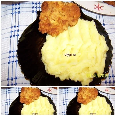 Turkey schnitzel with mashed potatoes and tomato salad