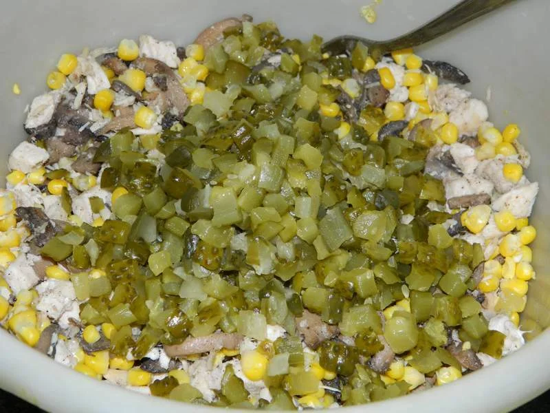 Chicken breast salad with mushrooms and baby corn