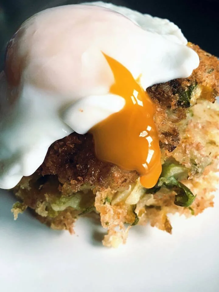 Potato and Brussels sprouts fritters with poached eggs by Gordon Ramsay