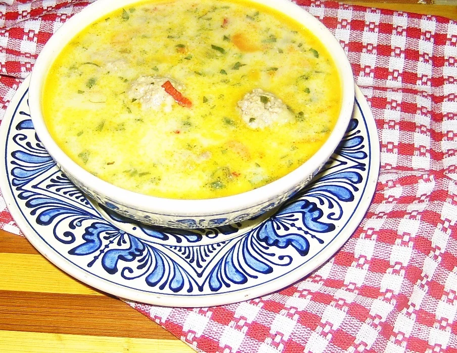 Meatball soup thickened with sour cream and egg