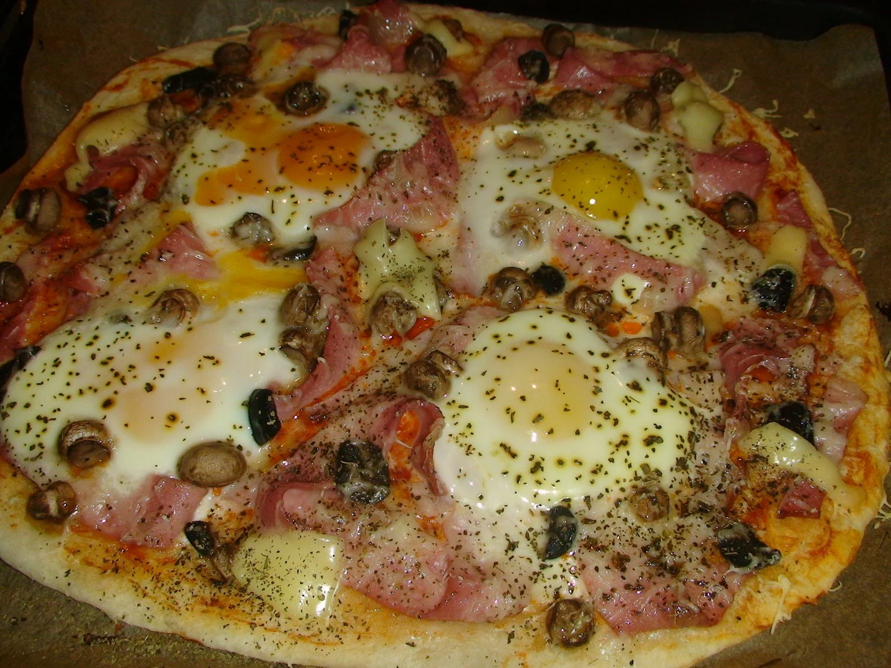 Pizza with mortadella, mushrooms, and eggs