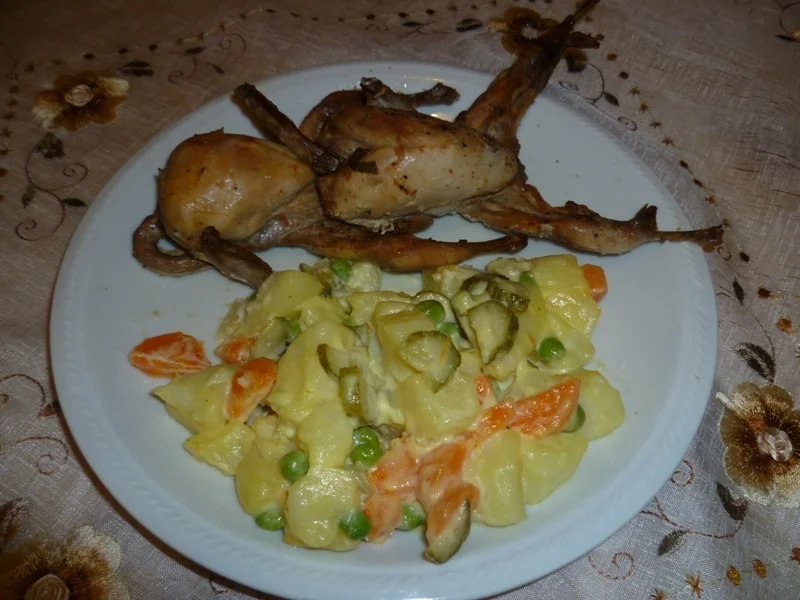 Pigeons on a platter with potato salad