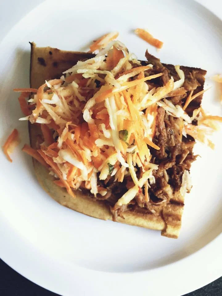 Waffa on the grill pan with pork in BBQ sauce and coleslaw salad