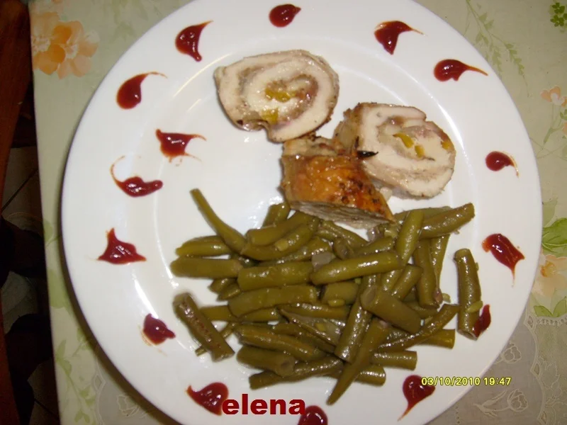 chicken roll with green bean garnish