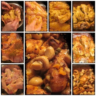 Chicken drumsticks with capers and marinated mushrooms
