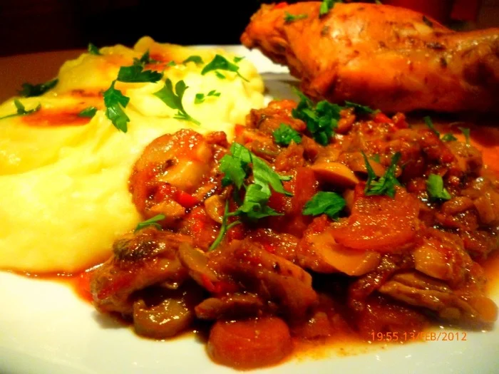 House rabbit with mushrooms and vegetables