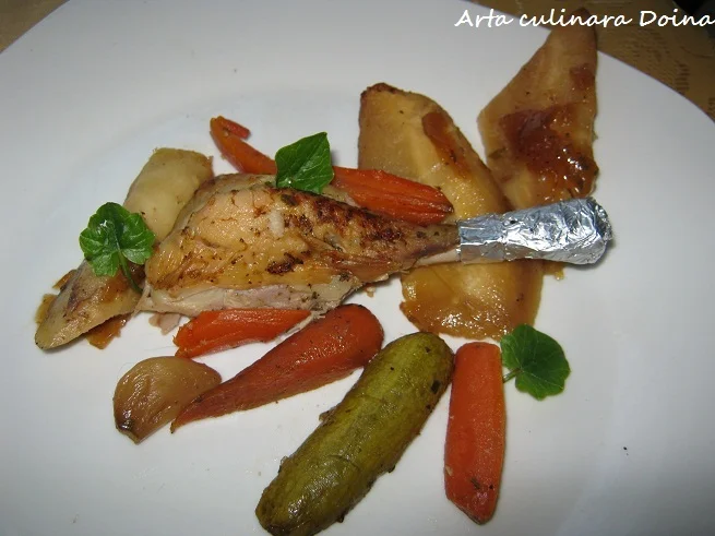 Oven-baked chicken with vegetables prepared in a bag