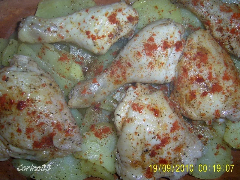 Roast chicken with baked potatoes
