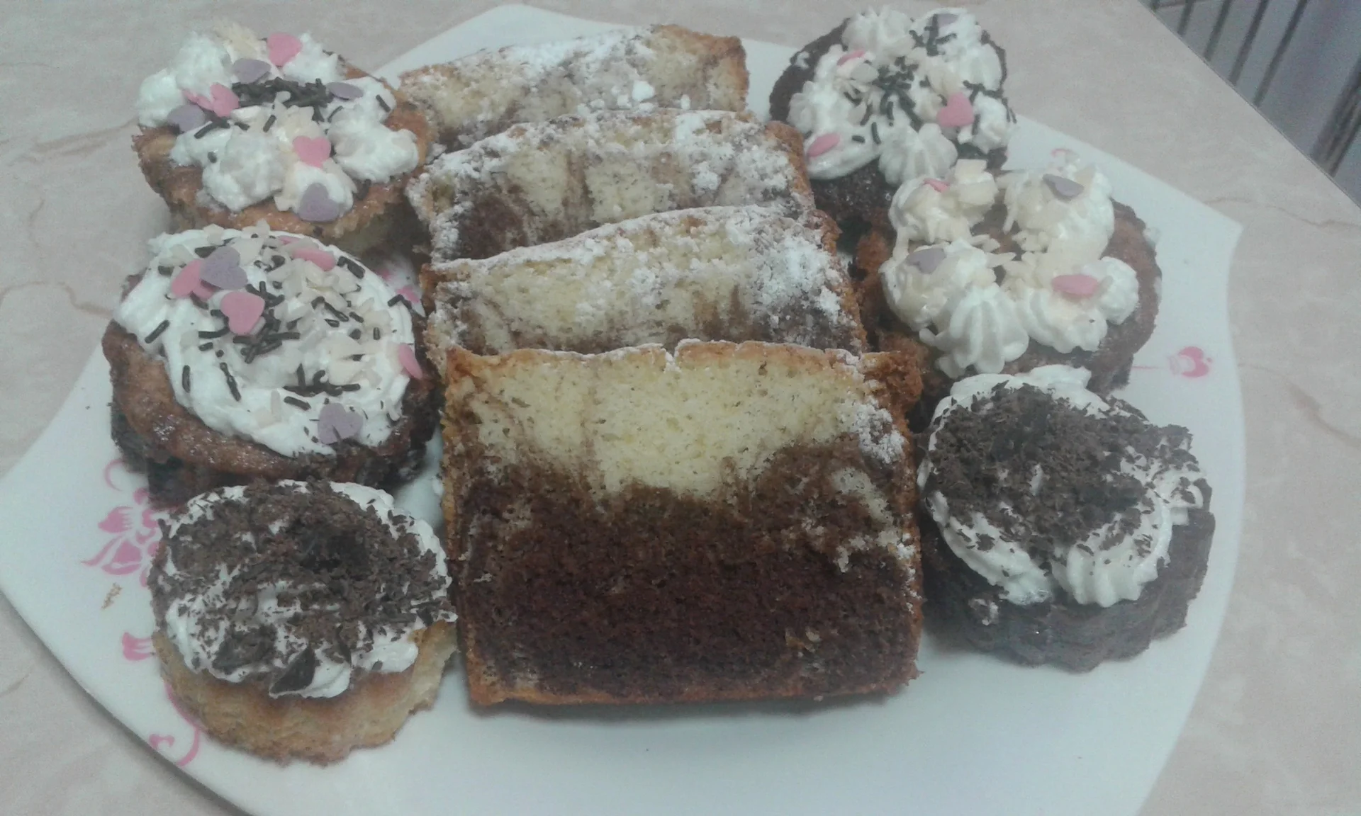 Fluffy cake and chocolate muffins