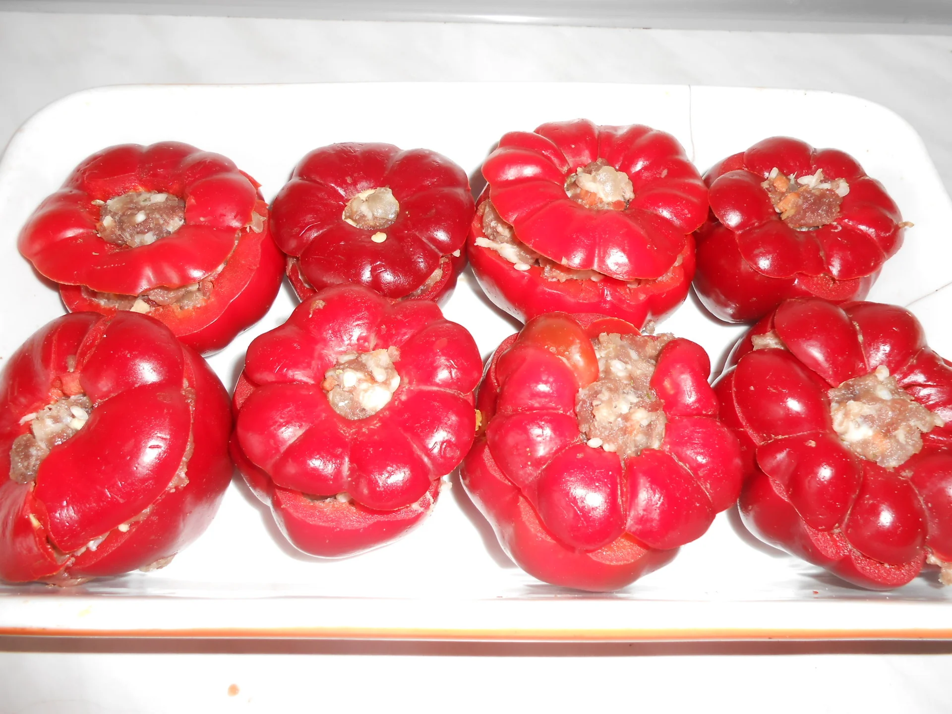 Stuffed bell peppers in onion sauce