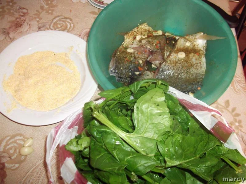 Fried fish with spinach garnish