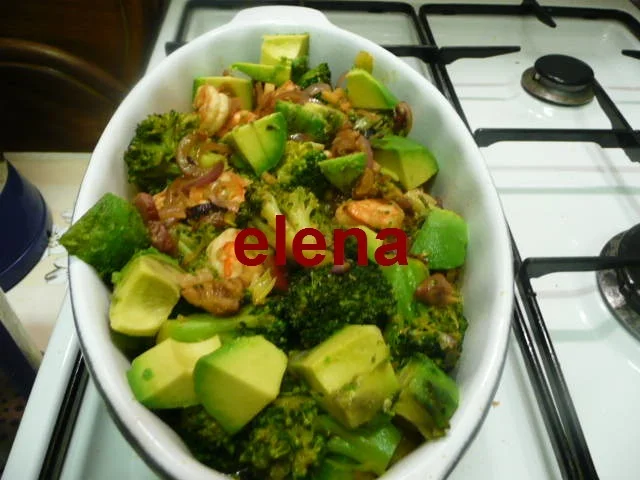Shrimp appetizer, smoked fish, and broccoli
