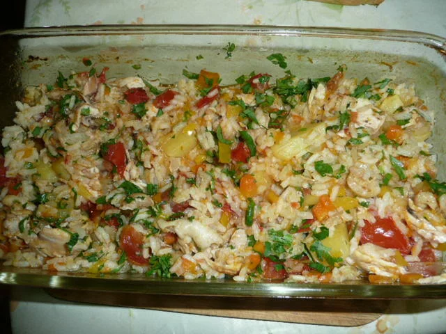 Rice with vegetables and chicken breast