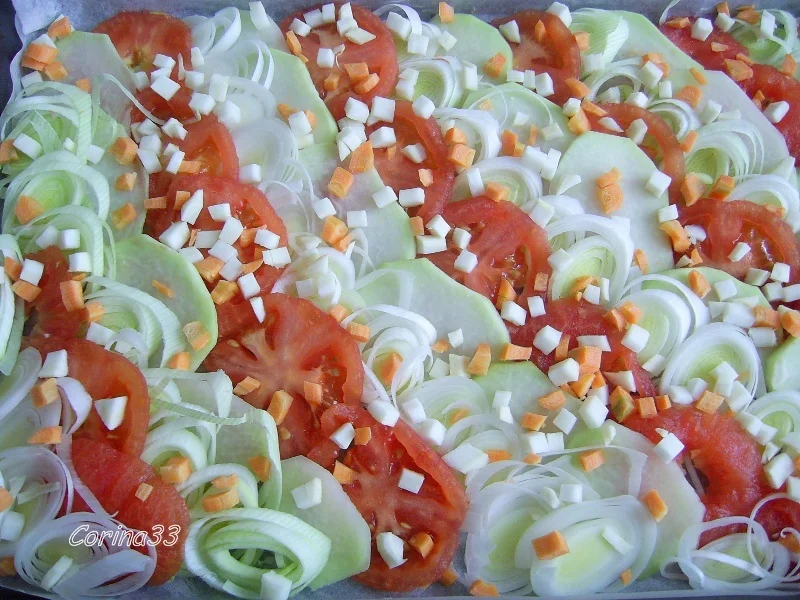 Leek pudding with tomatoes and mozzarella