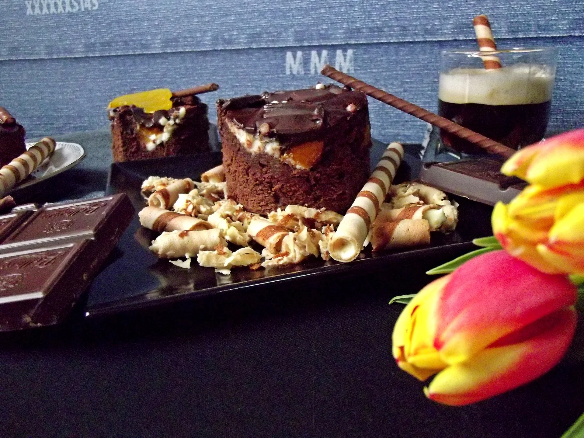 Chocolate cake with cream cheese and peaches