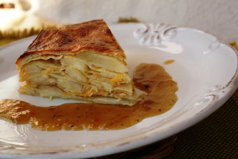 Pancake cake with apples and banana caramel