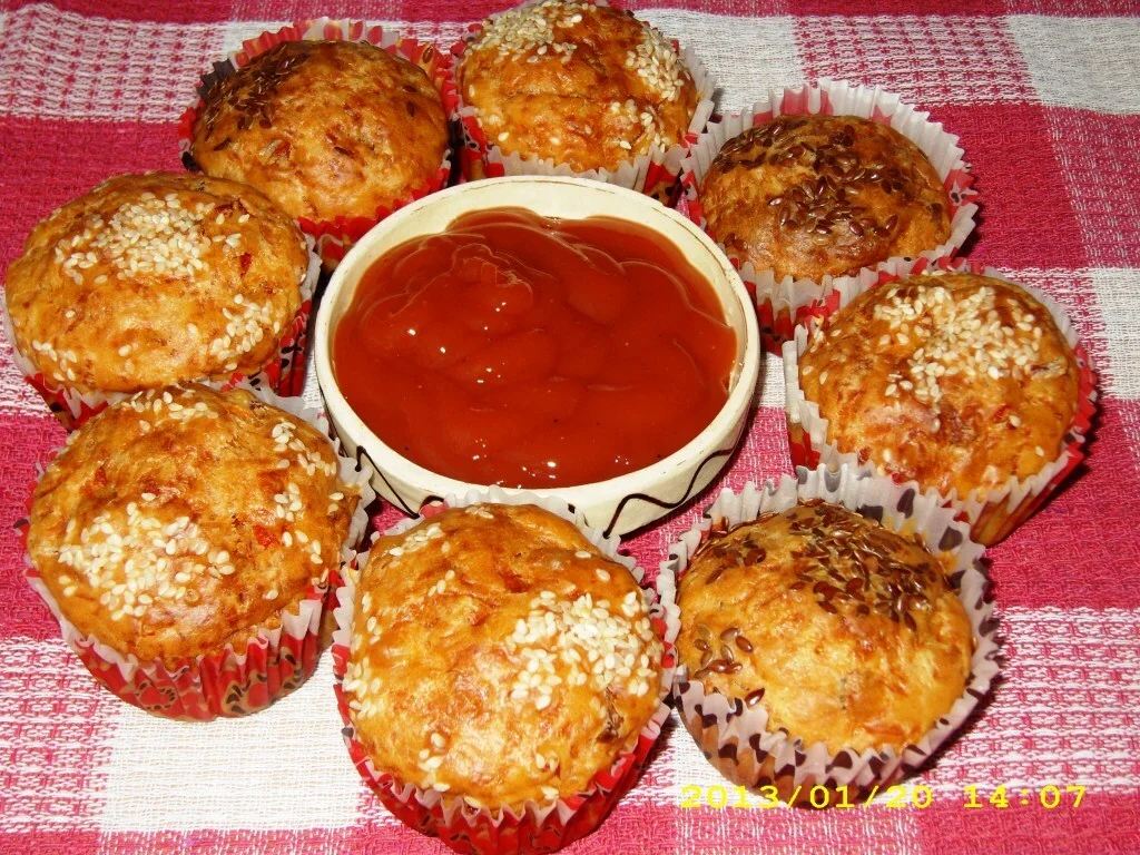 Muffins with cheese, smoked sausages, and pickled peppers