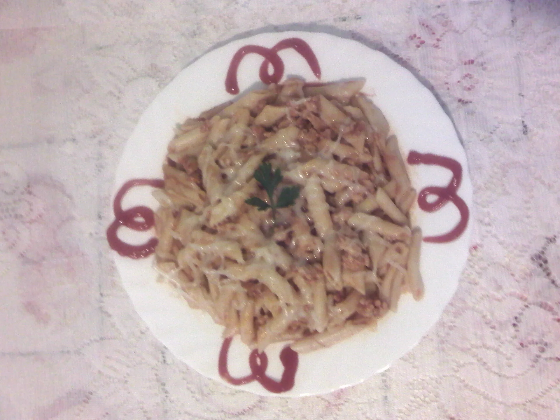 Spicy pasta with sauce and minced meat