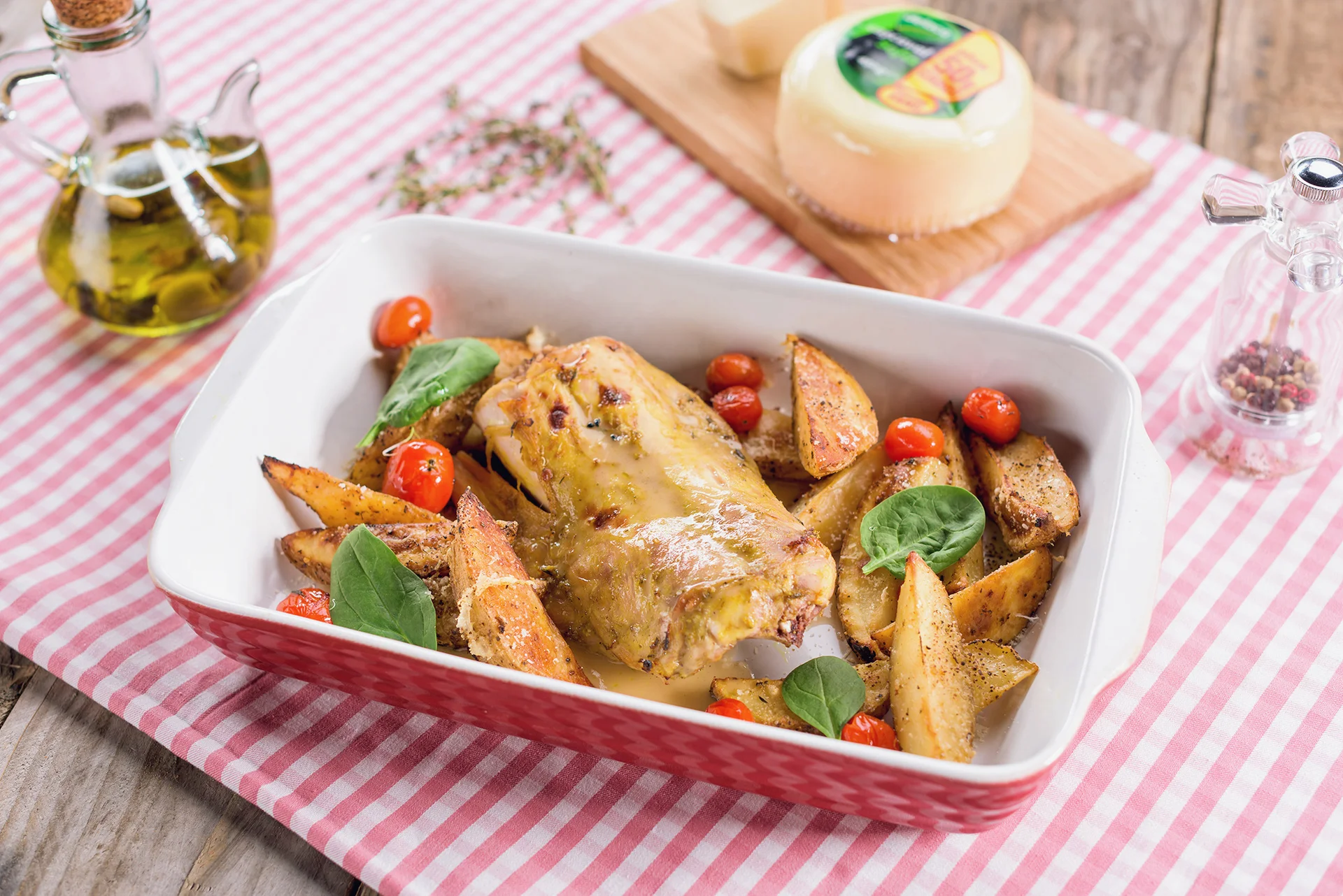 Sous Vide Rabbit Chop with roasted potatoes, gratinated with Delaco cheese and cider vanilla reduction sauce