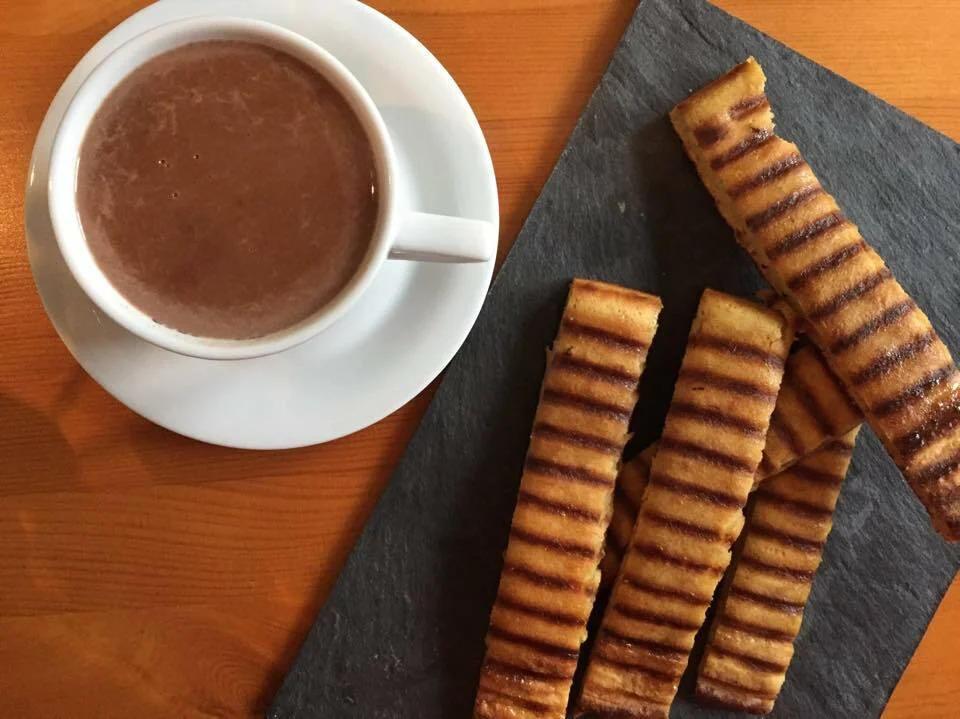 Waffle on the grill pan with hot chocolate sauce