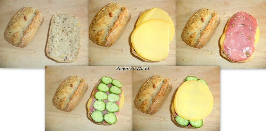 Simple sandwich with smoked cheese and Spanish salami