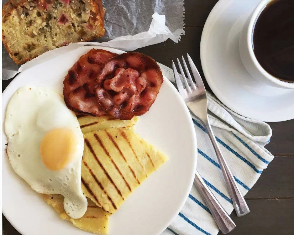 Scottish potato scones with fried eggs and bacon