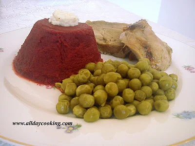 Turkey with champagne, peas, and beetroot puree