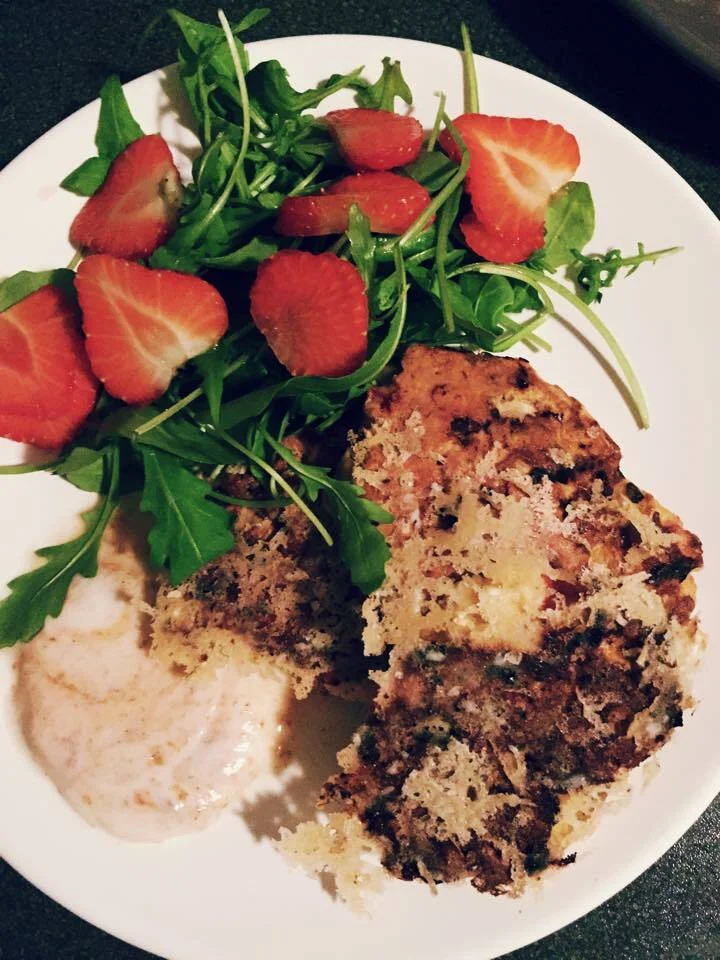 Pancakes for breakfast with mushrooms, cheese, and pressed ham