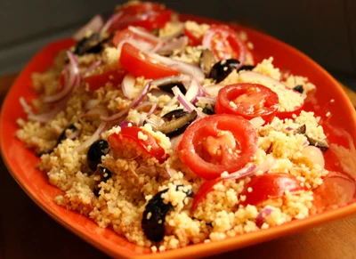 Couscous with tomatoes, olives, and onions