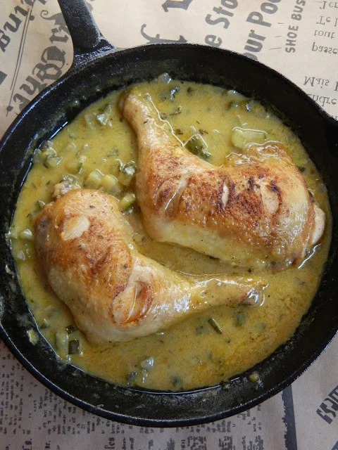 Chicken thighs in mustard sauce and cucumbers