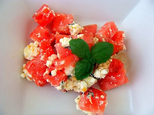 Watermelon salad with marinated cheese
